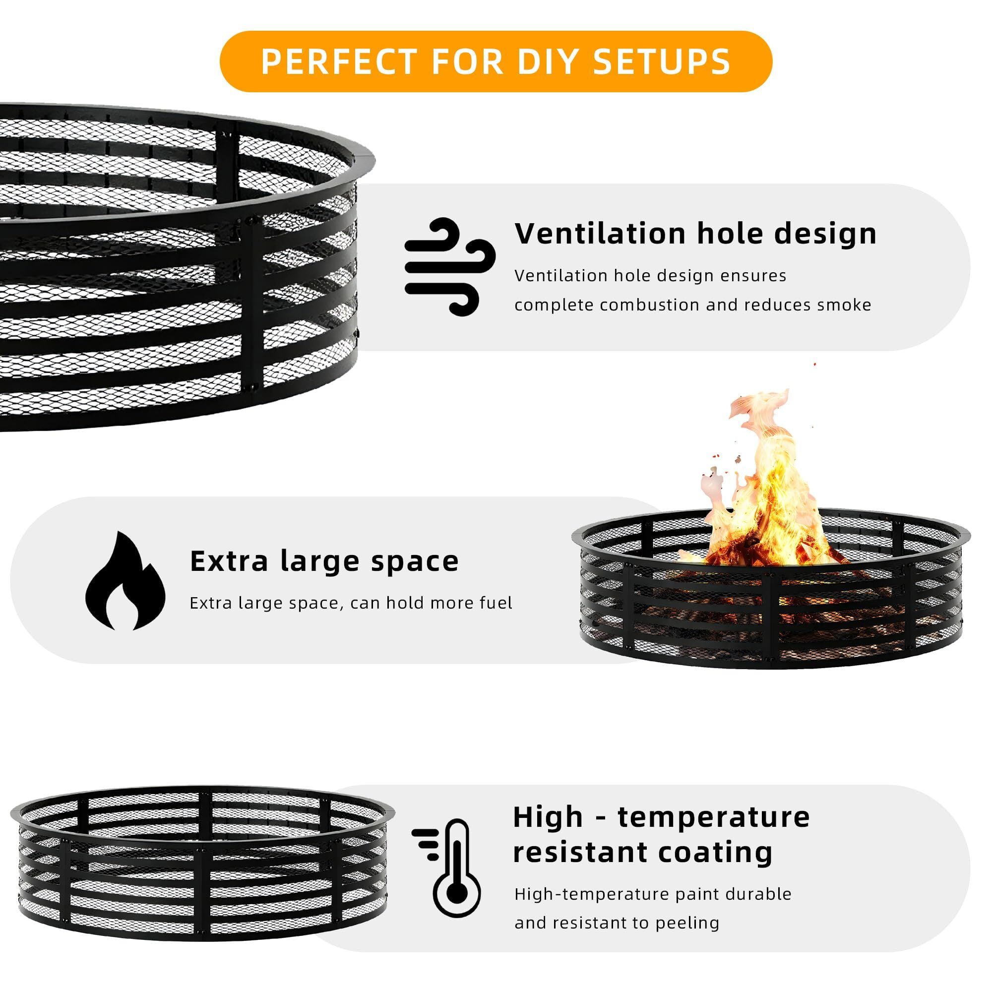 48" Smokeless Fire Pit Ring, Heavy Duty Metal Fire Ring for DIY Outdoor Fire Pits, Above or In-Ground Use for Patio Backyard, Black-a