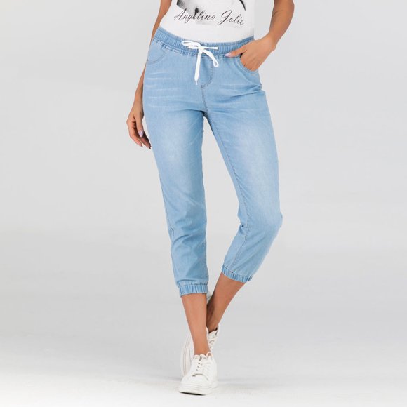 Women's Denim Jogger Pants Ladies Drawstring Elastic Waist Jeans Cropped Trouser