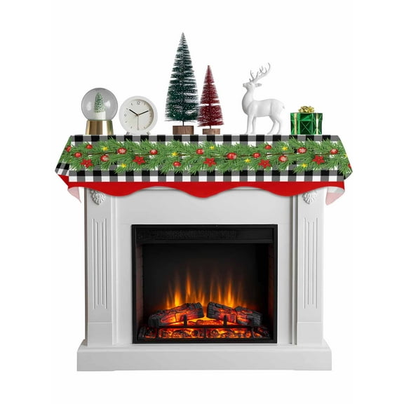 Christmas Mantel Scarf Fireplace Decorations for Living Room, Red Green Xmas Botanical Berry Black Checkered Fireplace Mantel Scarf Cover Runner for Halloween/Thanksgiving/Christmas Decor 60"x17"