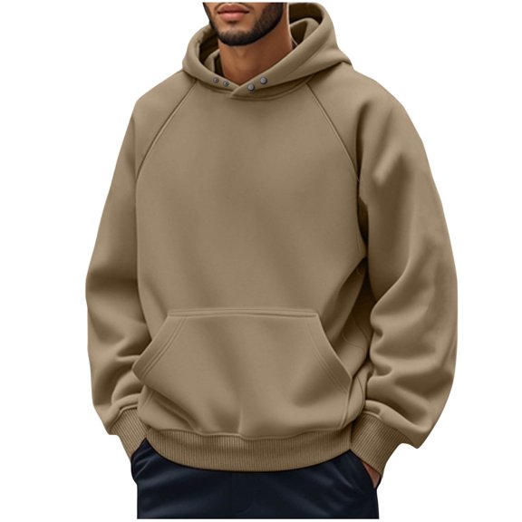 QTBIUQ Man Solid Color Casual Sport Pullover Pocket Long Sleeve Hooded Sweatshirt Snap Closure Khaki