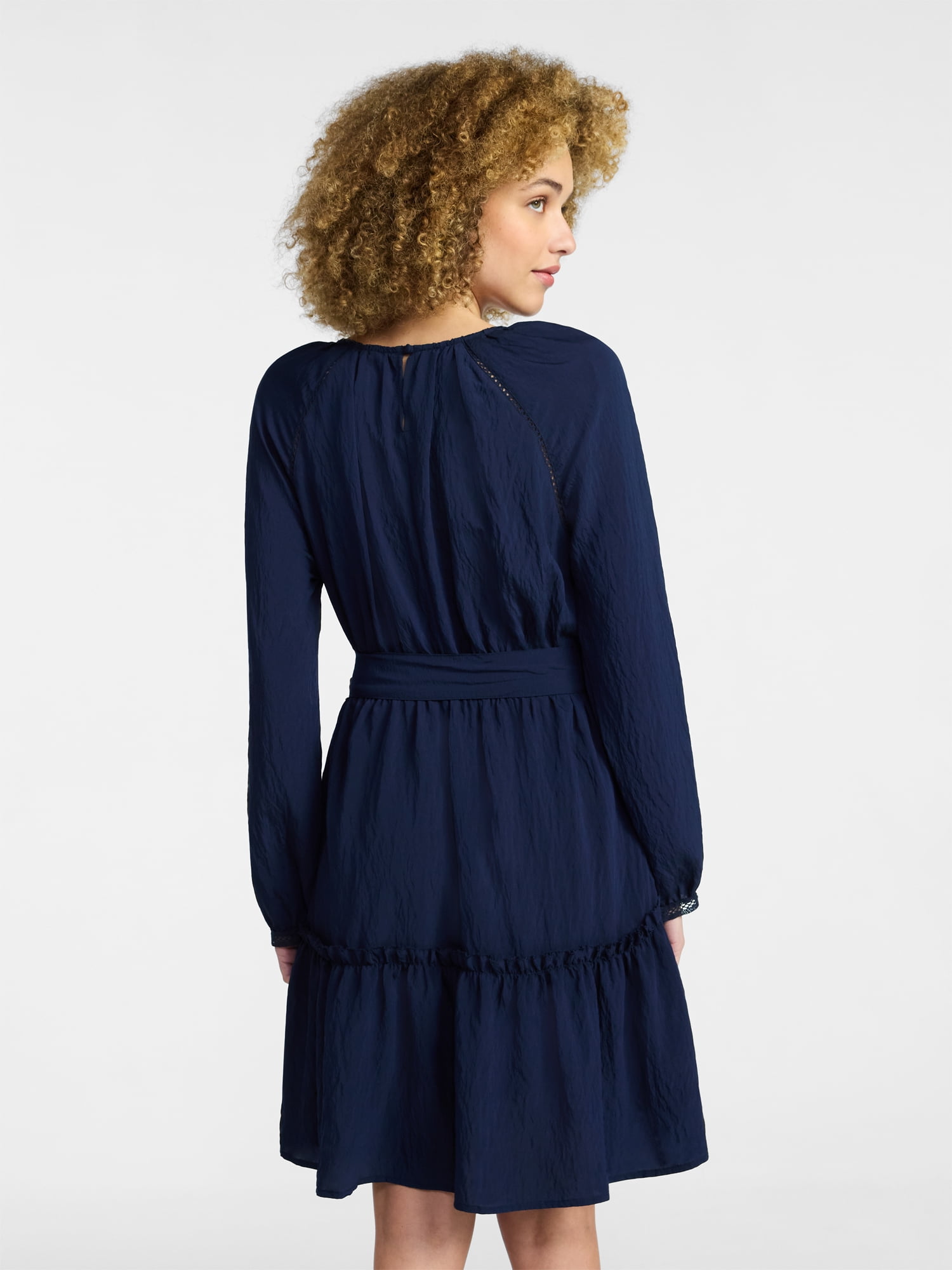 Time and Tru Women's Lace Trimmed Mini Dress with Long Sleeves, Sizes XS – XXXL