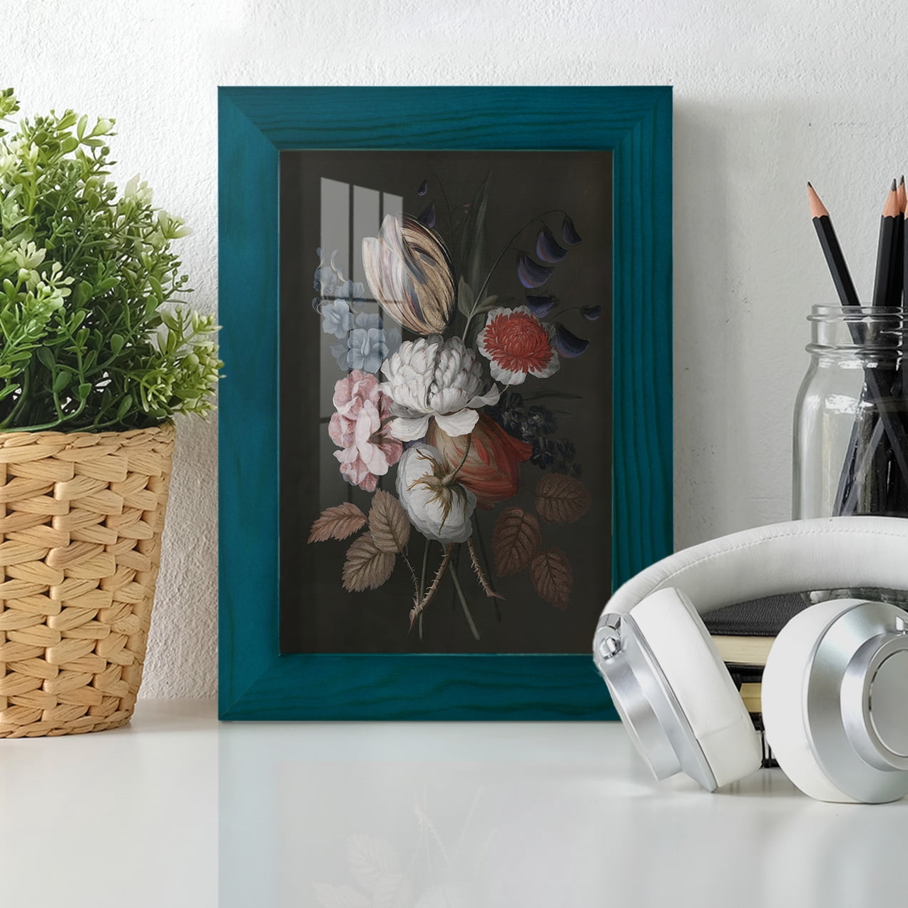 Dramatic Bouquet I -Framed Print w/glass-Ocean Blue