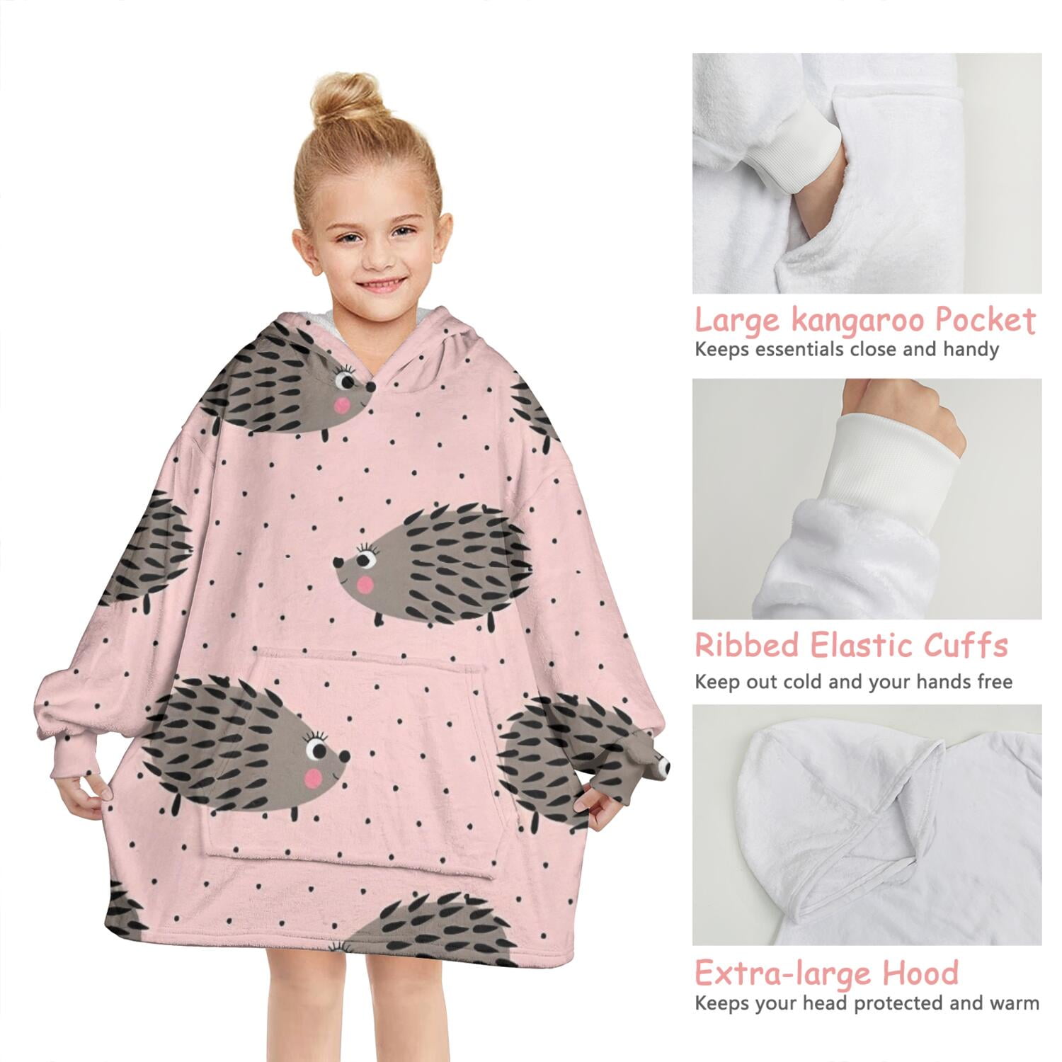 Pink Hedgehog Pattern Blanket Hoodies for Kids 6-13YR Oversize Wearable Blanket Hoodies for Boys Girls Teens