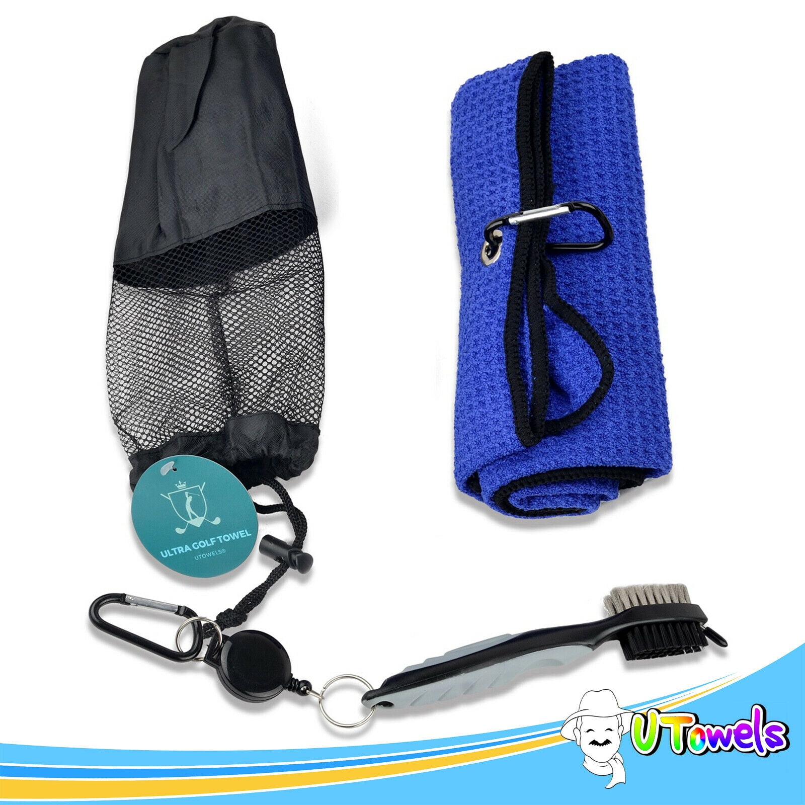 Microfiber Waffle Pattern Trifold Golf Towel, Brush Tool Kit with Club