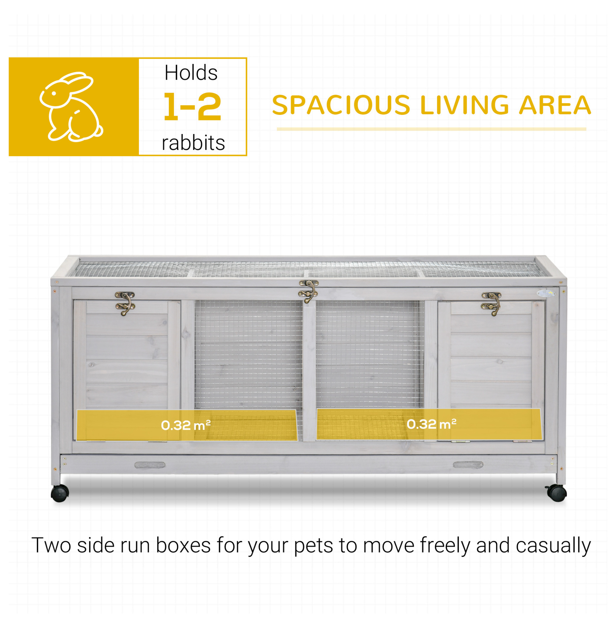 Wooden Rabbit Hutch with Wheels, Bunny Cage - 2 Story Indoor Outdoor Small Animal Habitat for 1-2 Rabbits - Light Gray