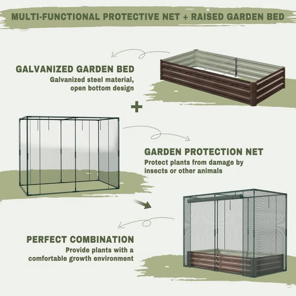 SLSY Galvanized Raised Garden Bed,Crop Cage,Plant Protection Net Tent Kit,Metal Planter Box Bottomless Planting Vegetables for Garden
