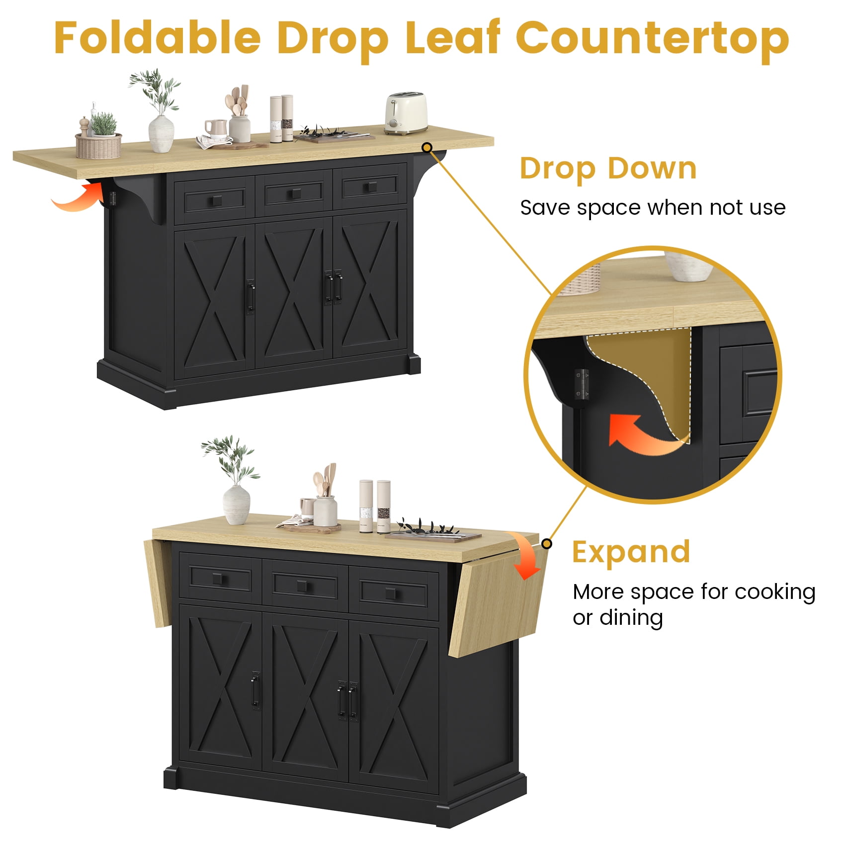 HAUXITIO 71" Kitchen Island with Drop Leaf & Power Outlet, Rolling Cart with 3 Drawers, Trash Cabinet & Storage Racks,Black