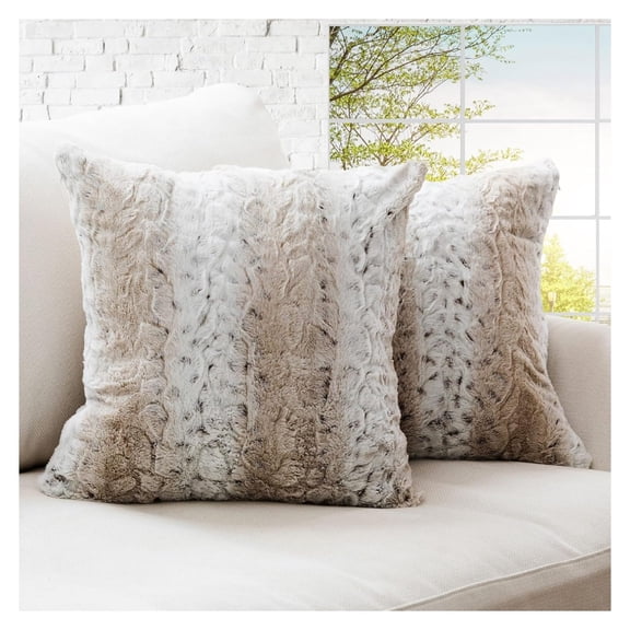Embossed Faux Fur Throw Pillows - Set of 2 Lumbar Couch Pillows, 20" x 20" - Snow Leopard