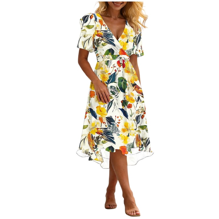 Pounoo Women's Midi Dresses V Neck Short Sleeve Dresses Beach Resort Style Lightweight Breathable Floral Print Waist Tie Asymmetrical Hem Dresses Gift