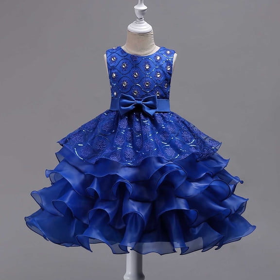 Girls Blue Sequin Flower Girl Dress Kids Sparkle Party Pageant Formal A-Line Tulle Ruffle Dress with Satin Bow,Size 9 T