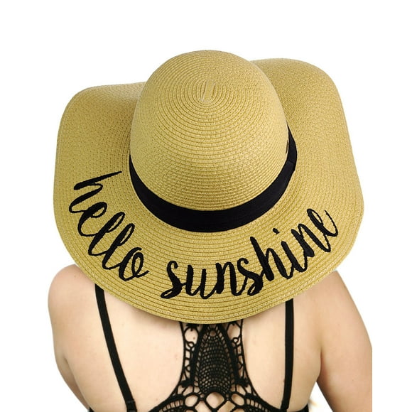 C.C Women's Paper Weaved Crushable Beach Embroidered Quote Floppy Brim Sun Hat, Hello Sunshine