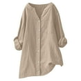 thumbnail image 2 of Loopsun Fall Tops for Women, Womens Long Sleeve Shirts, Women's Casual V-Neck Long Sleeve Loose Button Linen Tunic Blouse with Pocket Beige XXL, 2 of 5