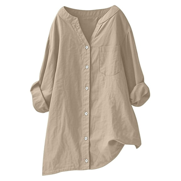 Wensltd V-Neck Long Sleeve Shirts for Women Loose Button Linen Tunic Summer Blouse With Pocket