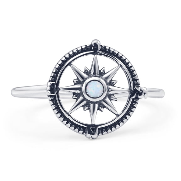 Round Lab Created White Opal Compass Oxidized Ring 925 Sterling Silver Size 5