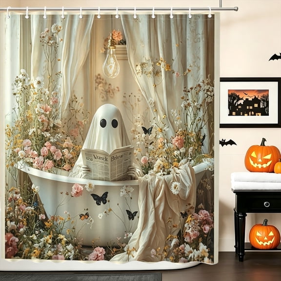 Flower Tub Ghost Soft Halloween Shower Curtain, 70.8x70.8 Inch, Double Sided 2D Print Halloween Bathroom Decor