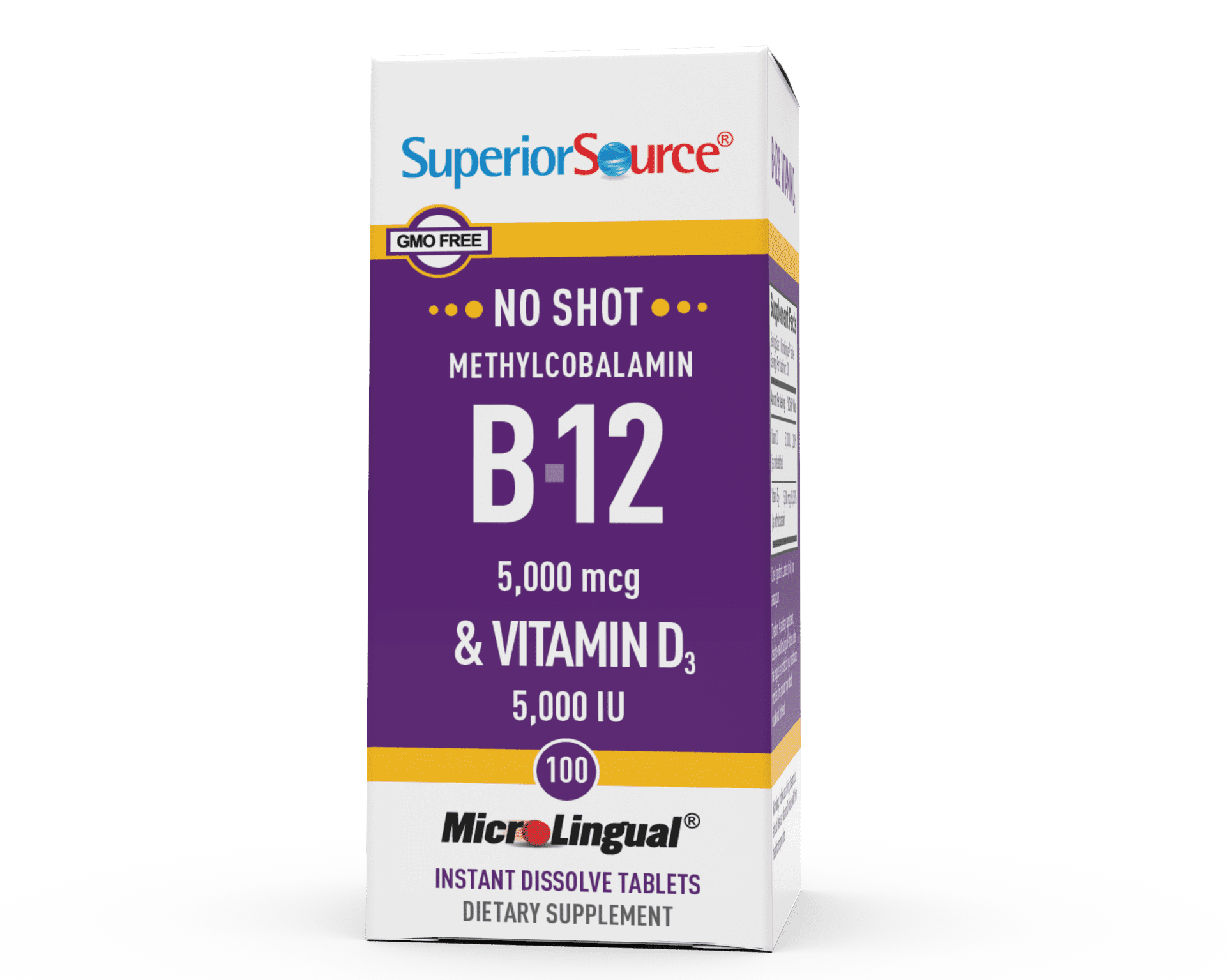Superior Source No Shot Vitamin B12 Methylcobalamin (5000 mcg), with D3 (5000 IU), Quick Dissolve Sublingual Tablets, 100 Ct