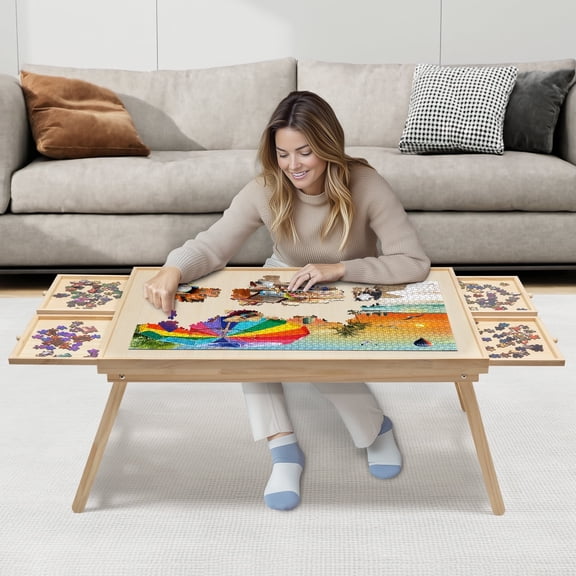 GLEAMIST 1500 Piece Puzzle Table with Folding Legs and 4 Sliding Drawers,34" x 26" Wooden Jigsaw Puzzle Board with Protective Coverfor Adults