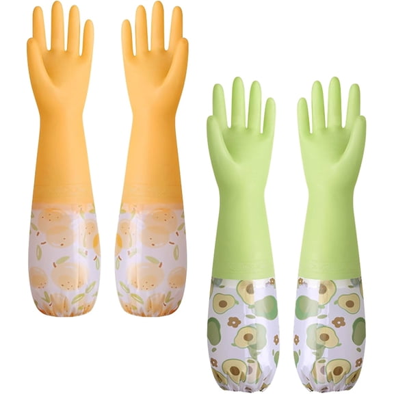 2 Pairs Long Dishwashing Gloves Rubber Cleaning Glove with Cotton Lined, Reusable Non-Slip Kitchen Gloves Waterproof Latex Free Household Glove for Laundry Cleaning Working Gardening Cooking