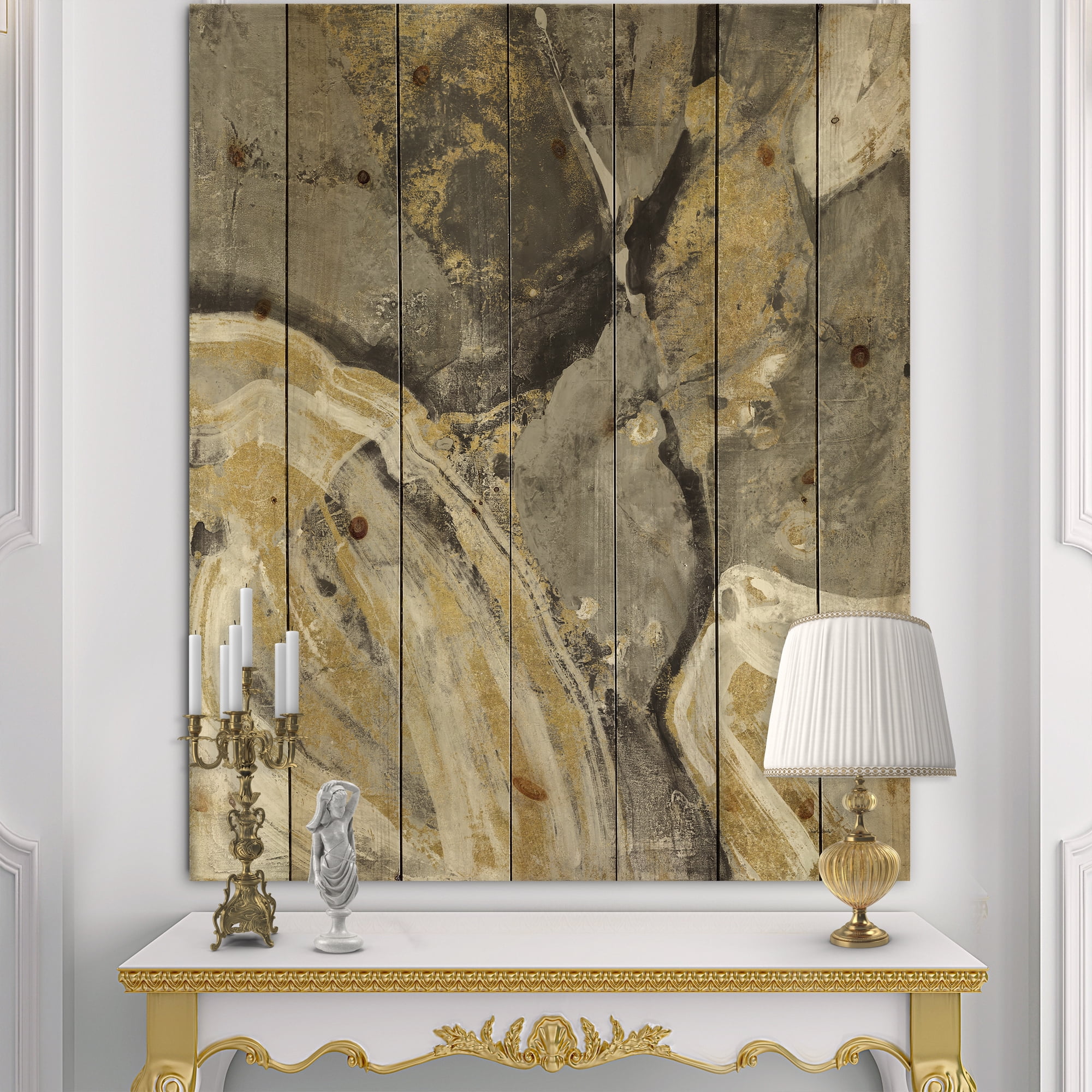 Designart 'Abstract Glam Phoenix Neutral' Modern Glam Print on Natural Pine Wood