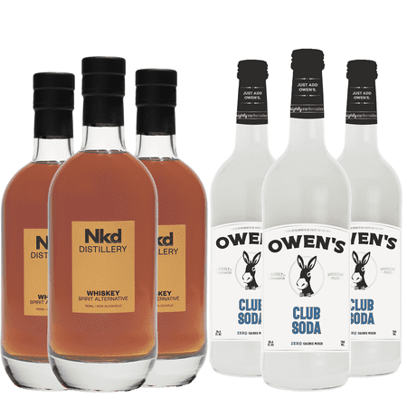 Nkd Distillery Whiskey 3 Pack Alternative Premium Non-Alcoholic Spirit 750 ML Bottles w 3 Pack Owen’s Mixers Club Soda 750 ML Bottles - Perfect for Mocktails - A