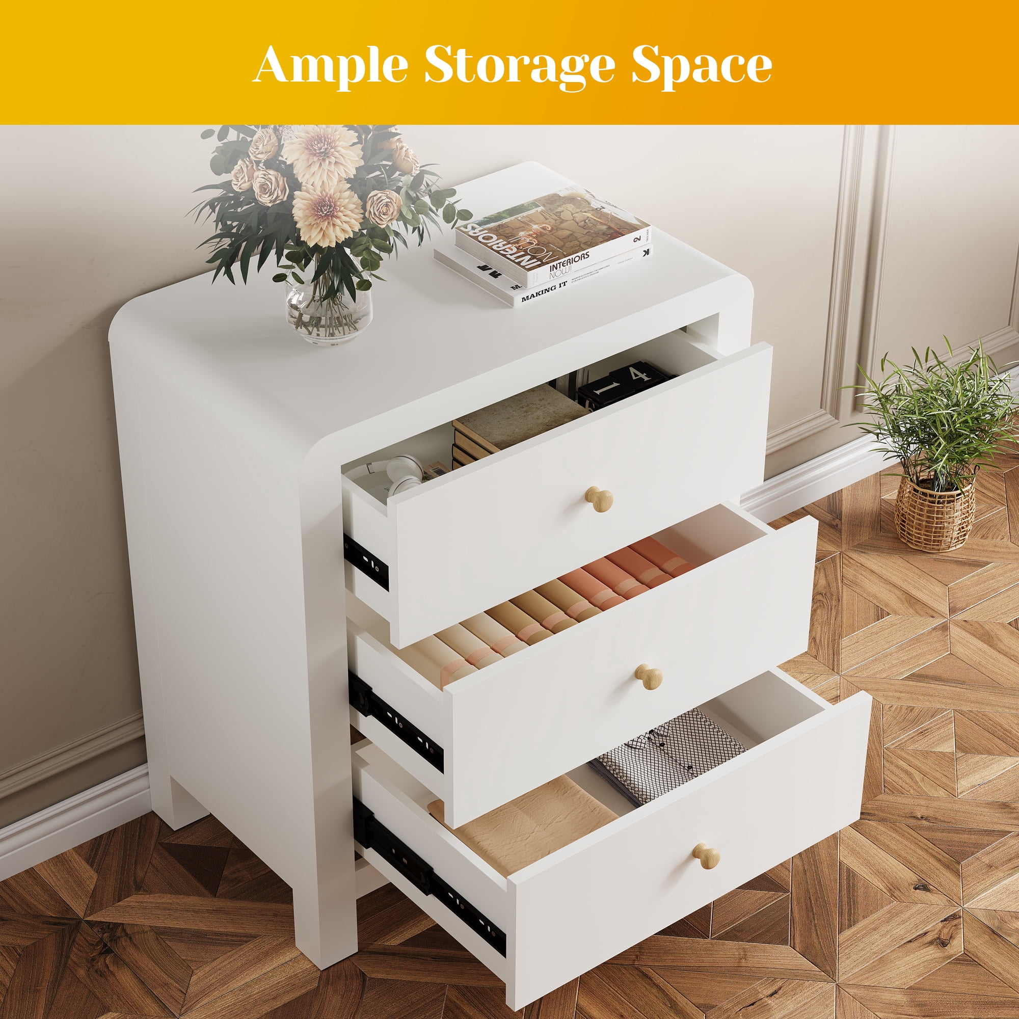 Cozy Home Solid Wood 3-Drawer Storage Dresser, Rounded Corner Modern Bedroom Chest of Drawers & Large Nightstand, White Organizer for Bedroom, Living Room, Entryway