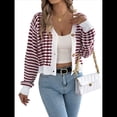 thumbnail image 2 of Suéteres Tipo Cárdigan de Rayas de Larga para Mujer, Suéteres de Punto con Botones Cortos A Rayas, Abrigos de Otoño A con Frente Abierto Vino Tinto M, 2 of 10