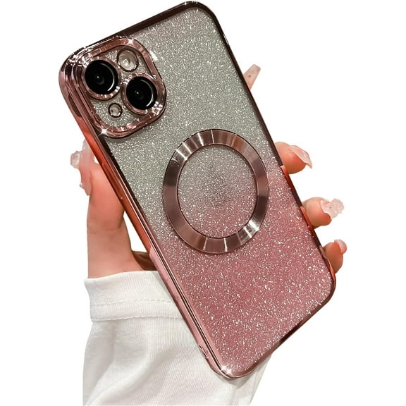 for iPhone 14 Plus Case Glitter Magnetic Compatible with MagSafe Full Camera Lens Protection Luxury Plating Cute Bling Clear Shockproof Slim iPhone 14 Plus Phone Case for Women Girls (Pink)