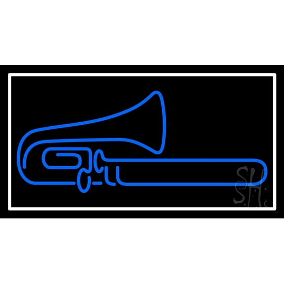 Blue Trumpet Saxophone White Border LED Neon Sign 13" Tall x 24" Wide - inches Black Square Cut Acrylic Backing, with Dimmer - Premium built indoor Sign for Studio, Club, Décor, Event, Storefront.