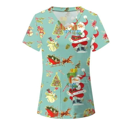 

Bomotoo Christmas Cartoon Print Tshirts for Women Short Sleeve V Neck Scrub Tops Blouses Nursing Workwear Tops Shirt with Pockets