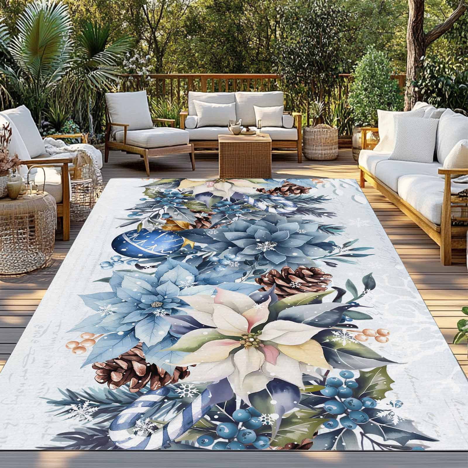 Fsddascl Blue Poinsettia Christmas Outdoor Rug for Patio/Deck/Porch, Non-Slip Large Area Rug 4 x 6 Ft, Xmas Botanical Balls Snowflake Indoor Outdoor Rugs Washable Area Rugs, Camping Rug Carpet Runner