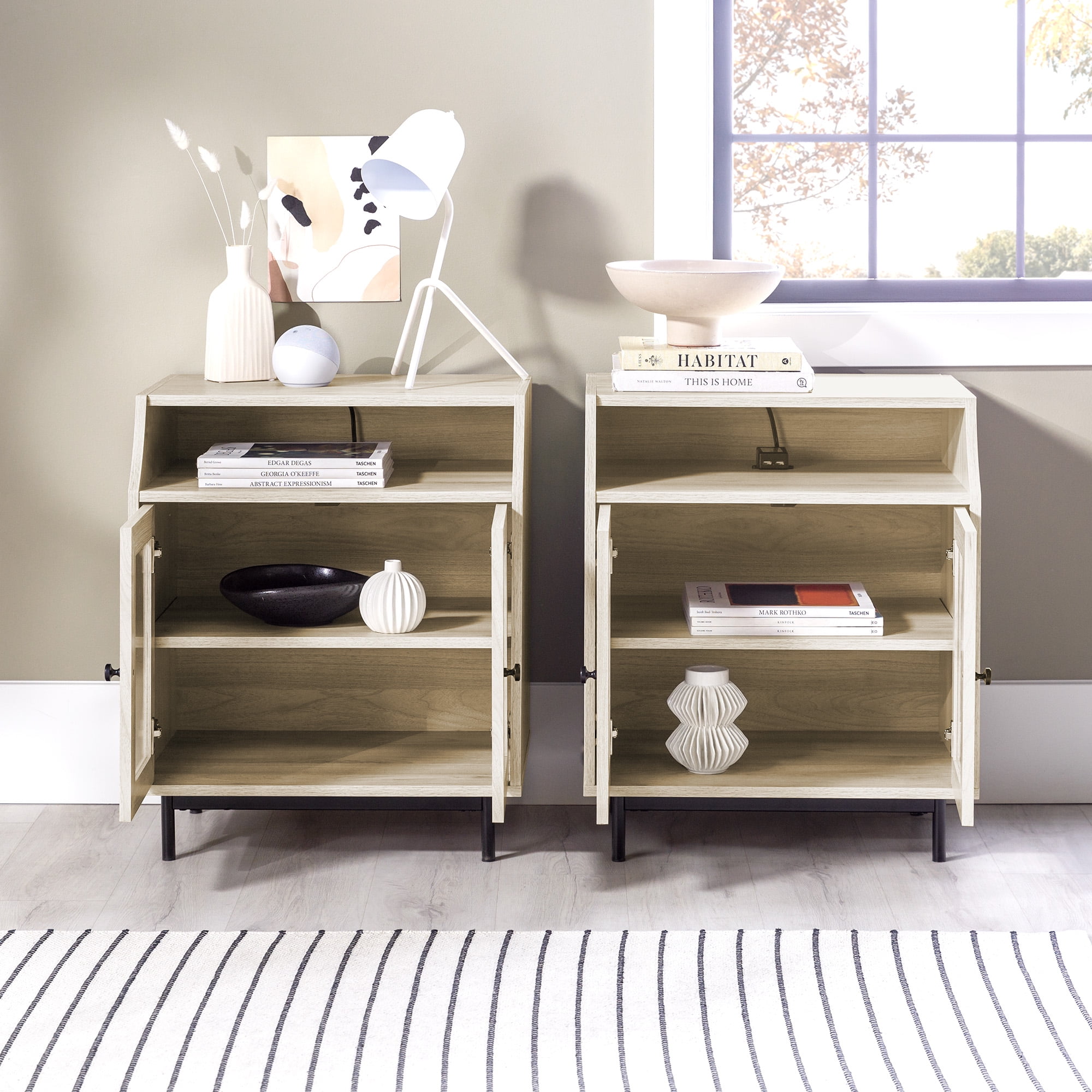 Walker Edison Modern 2 Door USB Port Nightstand, Set of 2, Birch