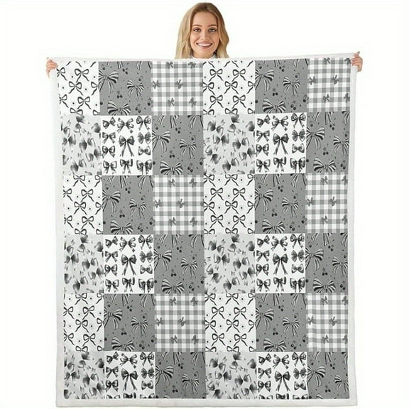 Gray Bow Blanket Large 90" X 90" Bow Plaid Blanket for Teen Gift, Women Grid Plush Blanket Princess Decorative Plush Blanket Flannel Blanket