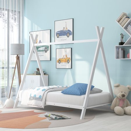 KOFUN Twin House Bed with Roof for Kid Adults Teens  Pine Wood House Bed Frame with 20 Wooden Slats  Tent Bed for Kid s Room  No Box Spring Needed  Gray