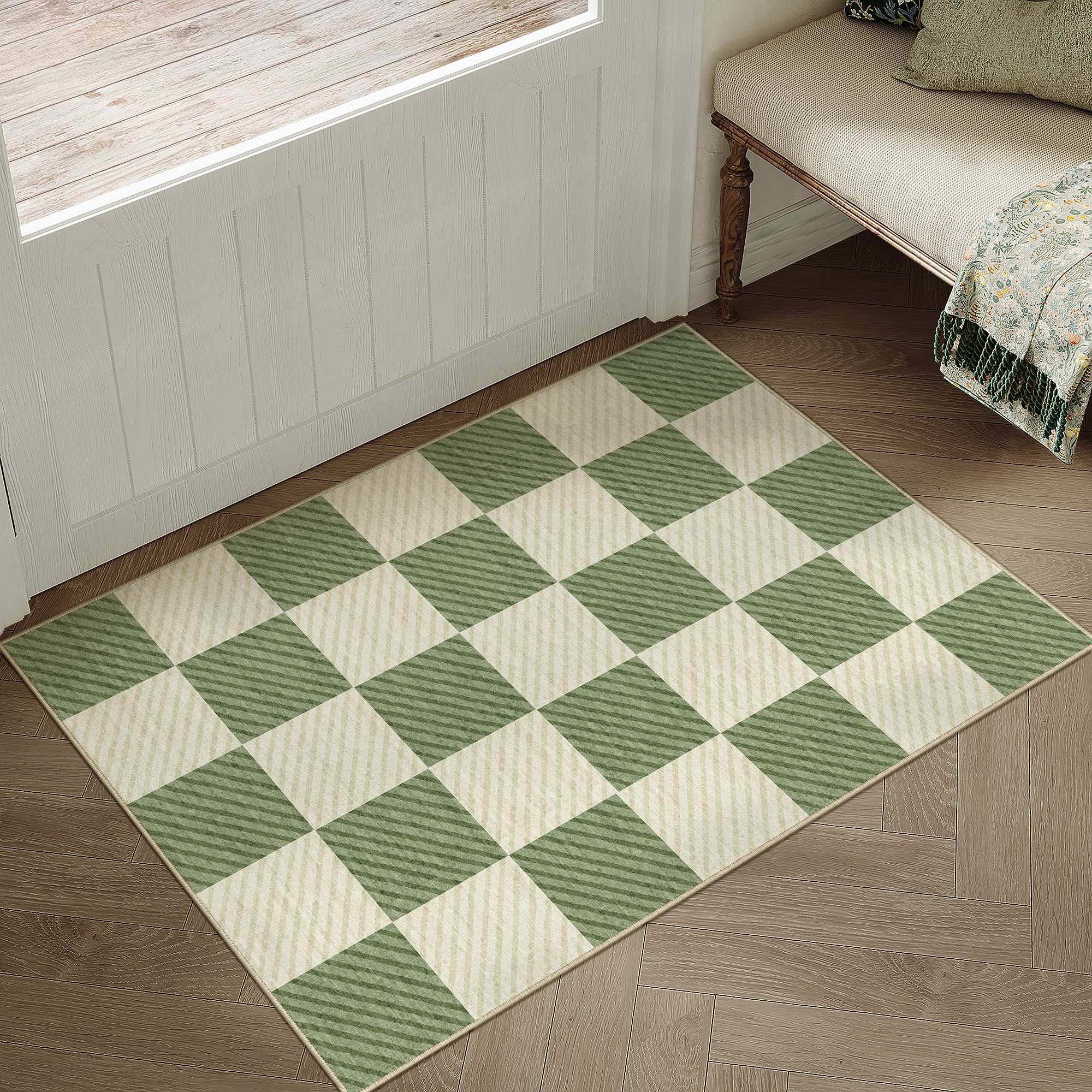 WIPONKEN 2'x3' Small Area Rug for Entryway Laundry Bathroom Bedroom Entrance Kitchen Dorm Checkered Rugs Non-Slip Washable Green Geometric Modern Contemporary Carpet Soft Indoor Door Mat