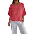 thumbnail image 2 of Alitao Shirts for Women Tshirts Shirts Womens Round Neck Ruffled Hem Mid Sleeve Cotton And Linen Top Linen Shirts Womens Tops Dressy Casual Watermelon Red S, 2 of 4