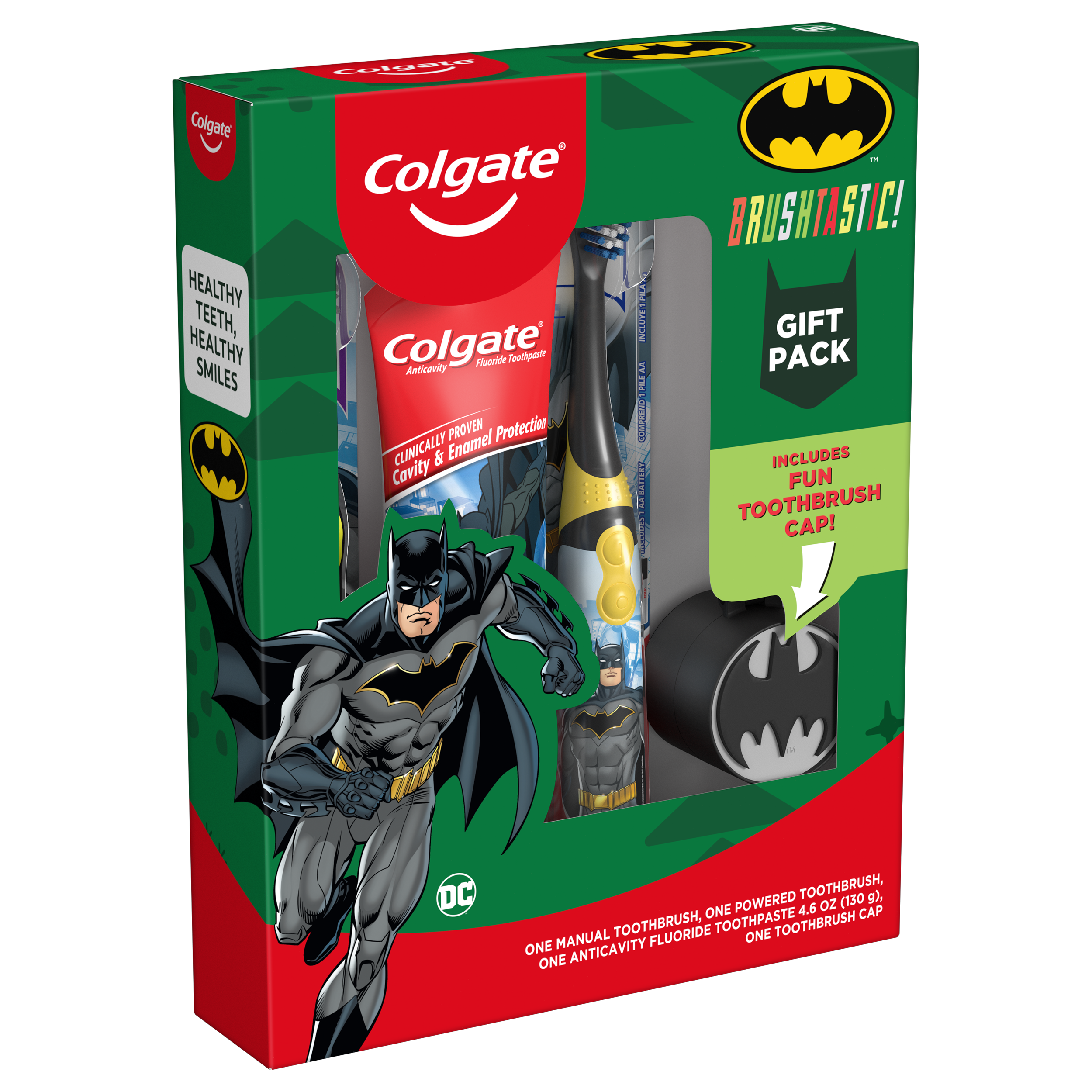Colgate Kids Toothpaste, Manual and Battery Kids Toothbrushes with Toothbrush Cover Gift Set, Batman, 4 Pc - image 4 of 5