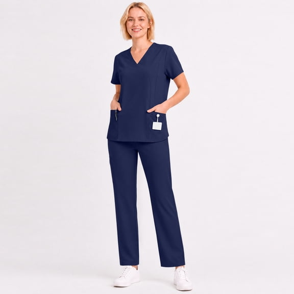 Women Scrubs Sets Stretch Tops with Pockets & Cargo Pants Jogger Nurse Work Uniform Quick Drying