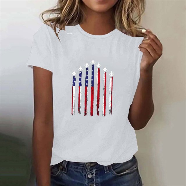 Fiudx Ofertas Flash Del Día Blusas de Cuello Redondo de Manga Corta con Camiseta Estampada Informal a La Moda para Mujer