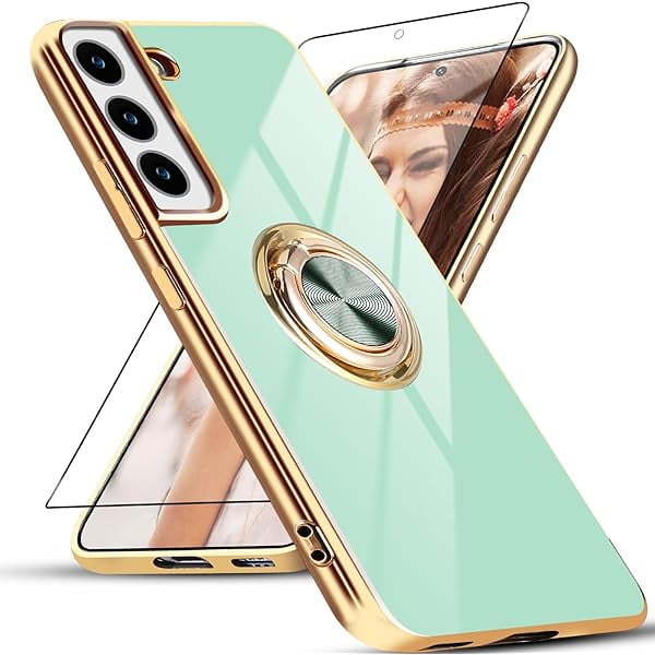 wonima11 for Samsung Galaxy S21 FE Case with 1 Screen Protector, Built-in 360° Rotation Ring Holder, Luxury Shiny Plating Edge Shockproof Electroplated Protective Cover (Mint Green)