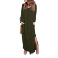 thumbnail image 3 of Vestido de manga larga con abertura lateral, cuello en V, bolsillo, dobladillo irregular, vestido largo de color puro para mujer OD Green S, 3 of 6