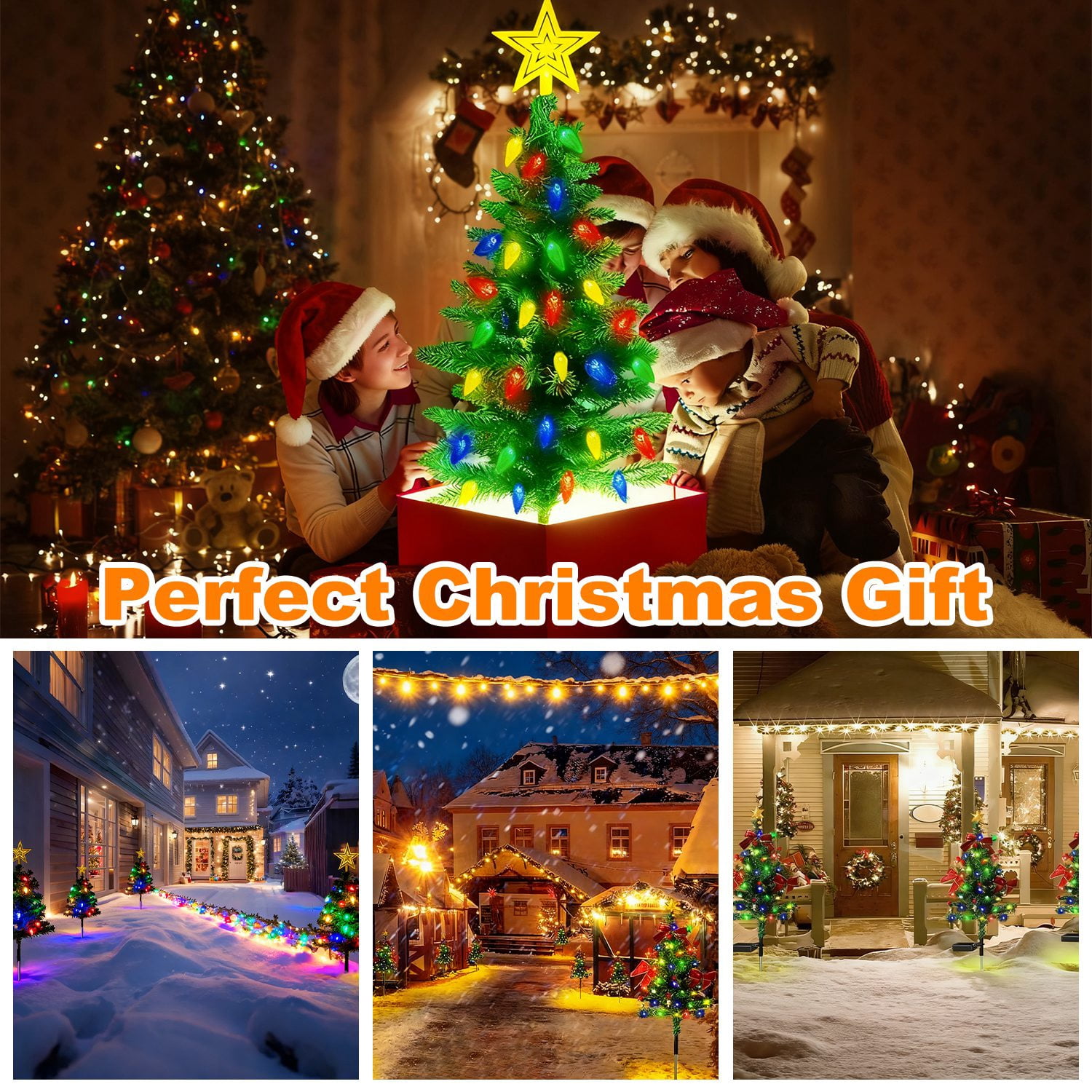 Astoutdoor Solar Christmas Tree Lights, 2 Pack, 37.4 in, 100 LED, 4 Colors, 8 Modes, IP44 Waterproof Outdoor Pathway Decor with Ornaments