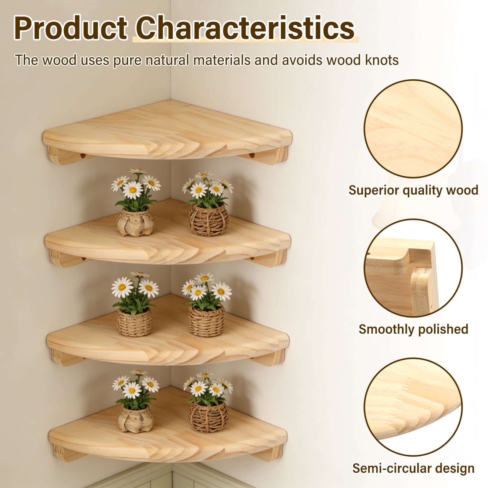 FKSZLL 4Pcs Wall Mounted Corner Shelf 18 cm Wooden Floating Storage Shelf Wall Round End Display Rack with Screw for Home Living Room Bedroom Study