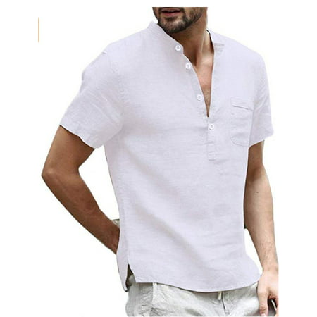 Men's Clothing Linen Short Sleeve Shirt Loose T-Shirts V-Neck Tops ...