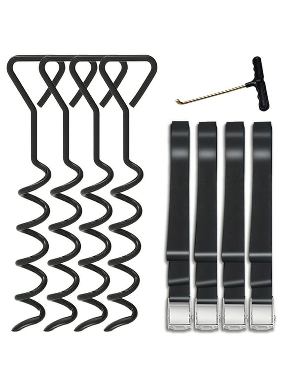 Trampoline Stakes Kits for All Models, Outdoor Corkscrew Steel Anchor with T-Hook (4 Pcs, Black)