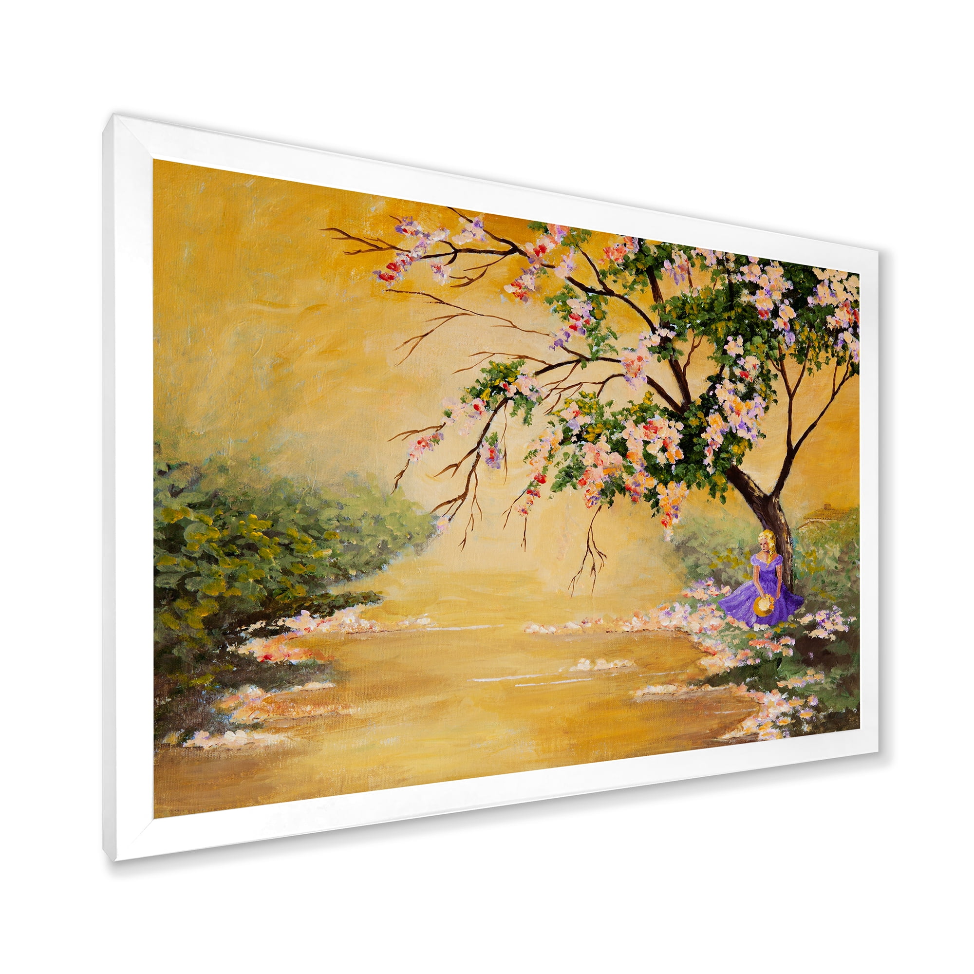 Beautiful Girl Standing By The Flowering Tree 32 in x 24 in Framed Painting Canvas Art Print, by Designart