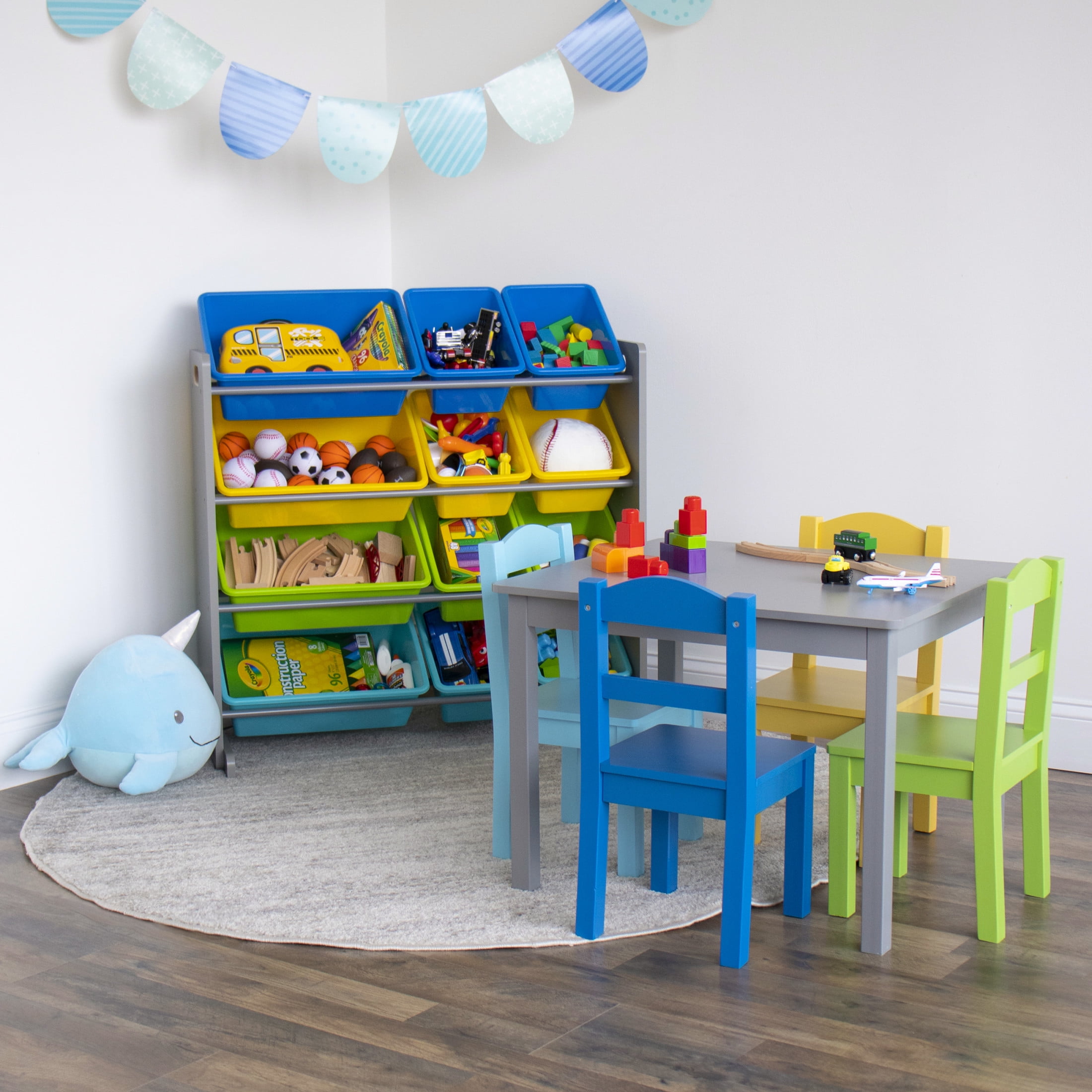 Humble Crew Kids Toy Storage Organizer with 12 Plastic Storage Bins, Grey/Blue/Green/Yellow