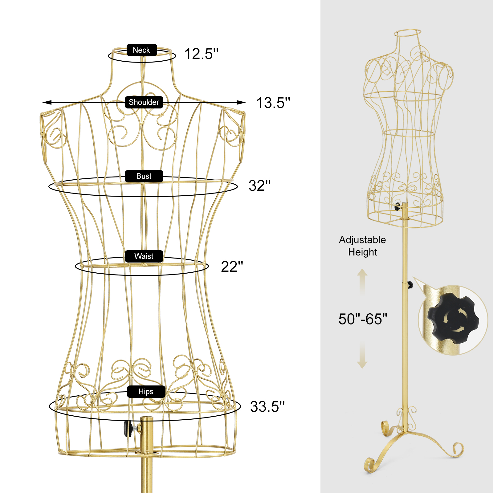 Dress Form Mannequin Torso with Metal Stand, Adjustable Height Female Manikin Torso for Clothing Display, Gold