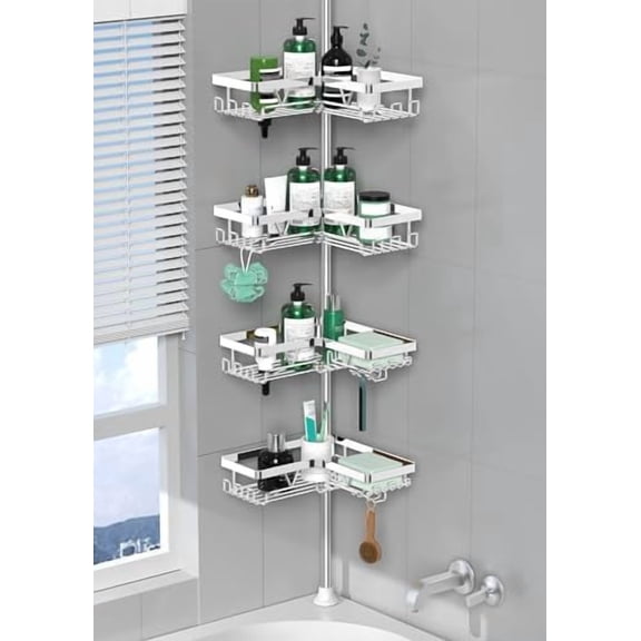 Corner Shower Caddy Tension Pole - Chrome Tension Rod Shower Caddy Adjustable Shampoo Holder for Bathroom/Bathtub/RV, Stainless Steel, Floor to Ceiling 25-114.2 inch