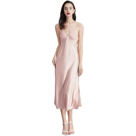 QIUYI Women Silk Satin Nightgown Long Sleepdress V Neck Nightgowns Chemise Lingerie for Ladies Sleepwear Negligee M-3XL