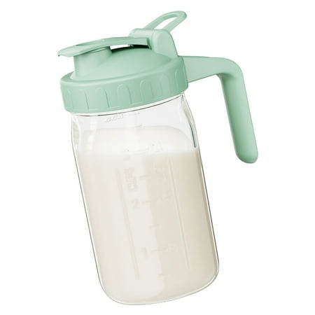 GOSCHE Breast Milk Pitcher,Wide Mouth Glass Mason Jar Pitcher with Green Flip Cap Lid and Pour Spout, Airtight Seal for Freshness and Safe Milk, 32oz